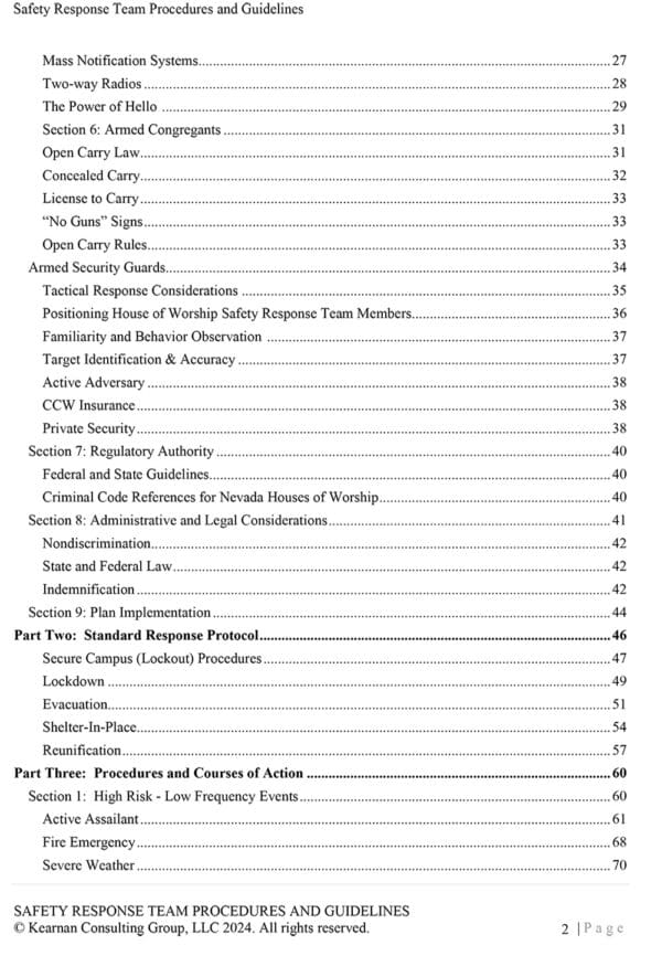 Safety Response Team Procedures and Guidelines for Nevada Churches - Kearnan Consulting Group