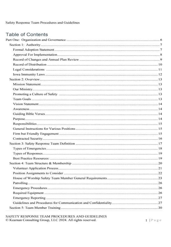 Safety Response Team Procedures and Guidelines for Iowa Churches - Kearnan Consulting Group