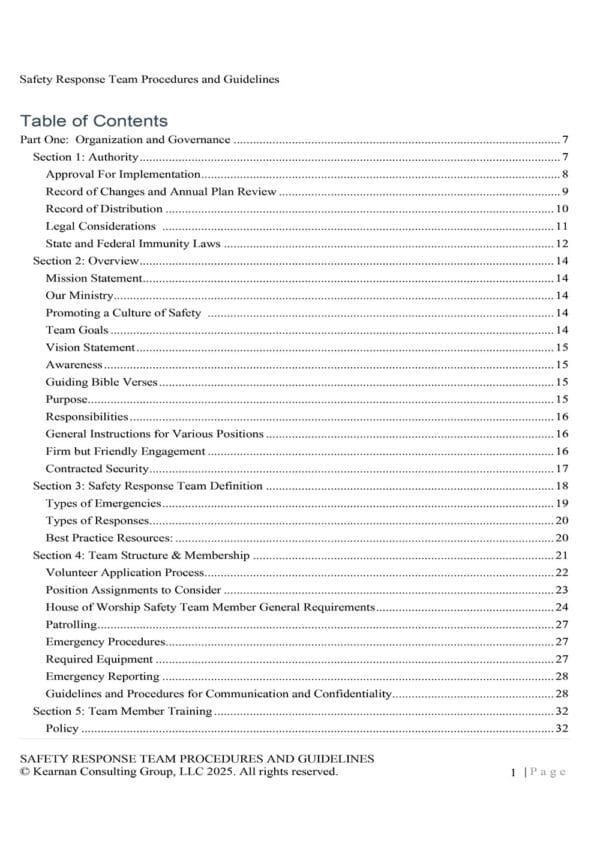 Safety Response Team Procedures and Guidelines for Michigan Churches - Kearnan Consulting Group