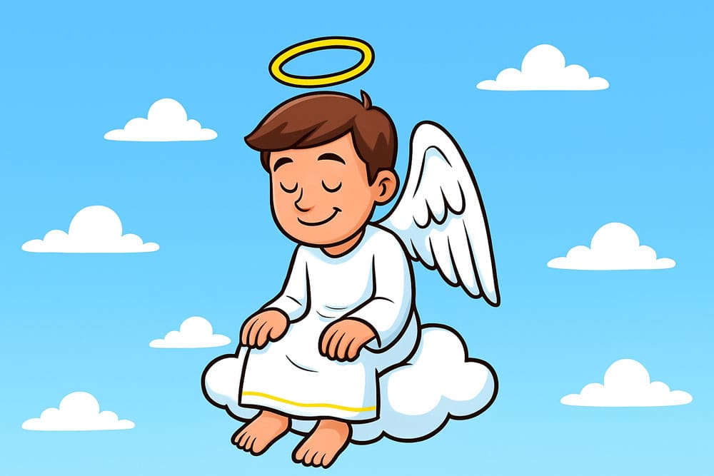 cartoon image of an angel looking down - lone defender