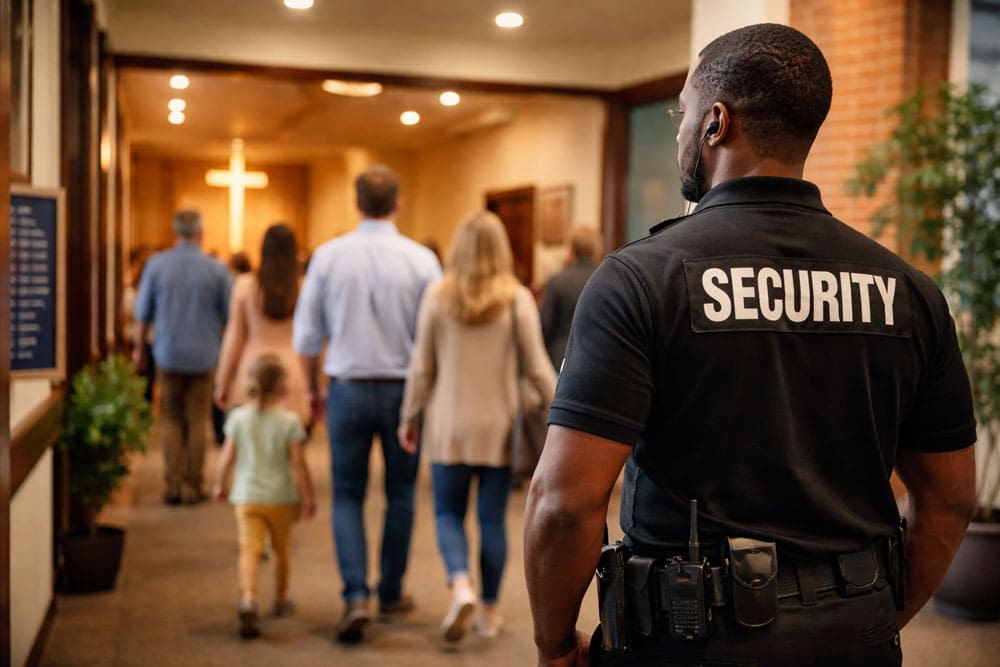 security guard entering a house of worship behind church members