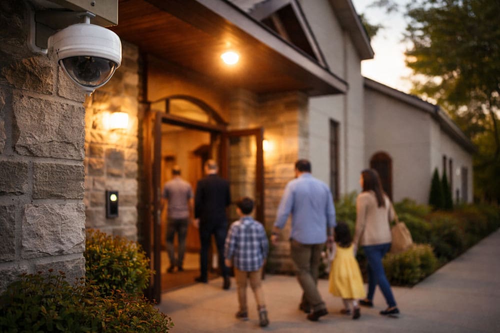 Families arriving at the church entrance